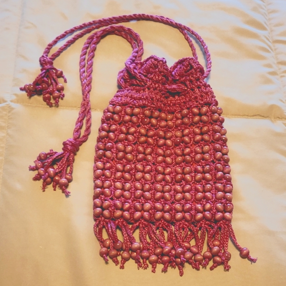 Vintage Macrame Purse with Wood Beads